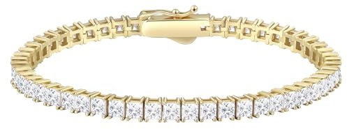KRKC&CO Tennisarmband Silber 925 für Damen, 3mm Tennis Armband Prinzessschliff 14K Gold beschichtet, Zirkonia Kristall Armband Iced Out, Geburtstag Geschenk für Frauen Mädchen [Größe 19cm]