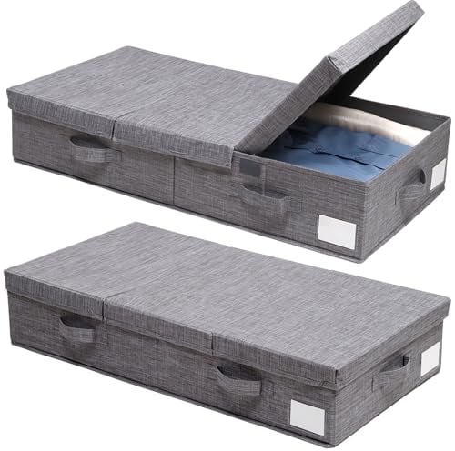 2 Pack 50L UnderBed Storage Box with Remove Lid, Foldable Linen Storage Box with Sturdy Sidewalls/Bottom, Under Bed Drawers with 4 Handles for Clothes, Blanket, Bedding, Toys, Shoes