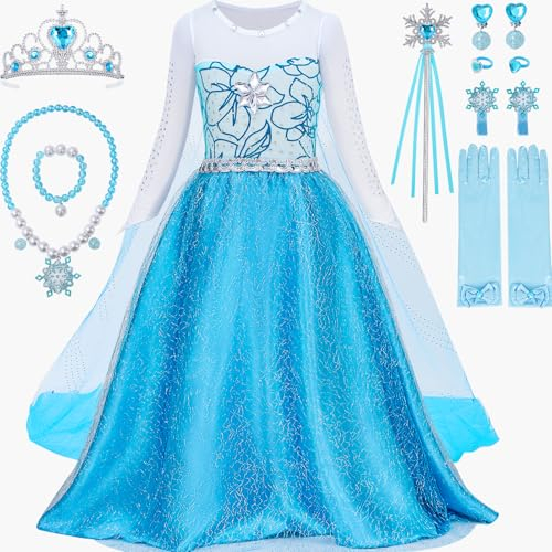 Tacobear Elsa Kostüm Mädchen, Elsa Kleid mit Krone Zauberstab Handschuhe Halskette Schmuck Set Eiskönigin Prinzessin Halloween Weihnachten Geburtstag Geschenke für Mädchen 3 4 5 6 7 8 Jahre (L)