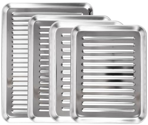 CYEER Baking Tray Set of 4, 4 Size Stainless Steel Baking Sheet, Non Stick Oven Trays for Cooking and Roasting, Healthy, Non Toxic, Dishwasher Safe Stainless Steel Baking Pan, Corrugated Design