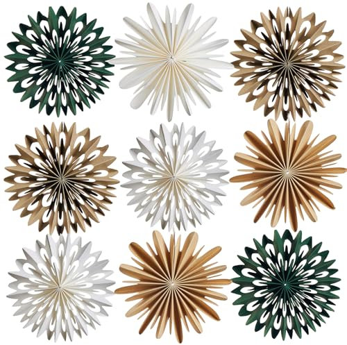 EASY JOY Weihnachten Papier Fächer Dekoration Braun Weiß Grün Hängende Weihnachten Dekoration 9 Stück Neujahr Party Deko für Weihnachtsbaum Tischdeko