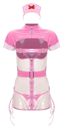 Freebily Damen Sexy Krankenschwester Kostüm Durchsichitg PVC Lack Leder Kleid Brustfrei Dessous Set Halloween Karneval Kostüm Rosa Einheitsgröße