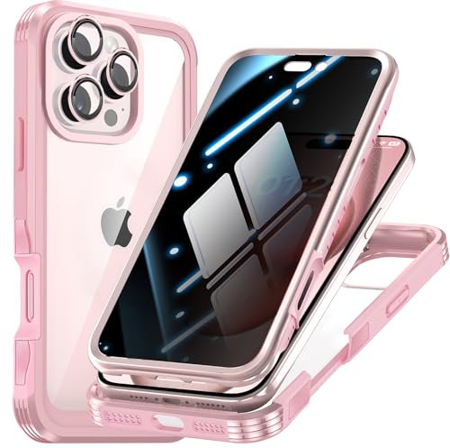 OMGZONE Privacy Case for iPhone 16 Pro Max,Shockproof Bumper Cover built-in Privacy Screen Protector and Camera Lens Protector,360 Degree Full Body Case for iPhone 16 Pro Max,Pink