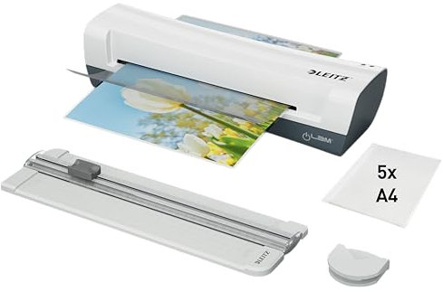 Leitz iLAM Home 4-in-1 A4 Laminiergerät-Set, Papierschneider & Eckenabrunder, Heißlaminiergerät inkl. 5 Laminierfolien, 75-125 Mikron, Ideal für Zuhause, Home Office & Schule, Weiß, 74340001