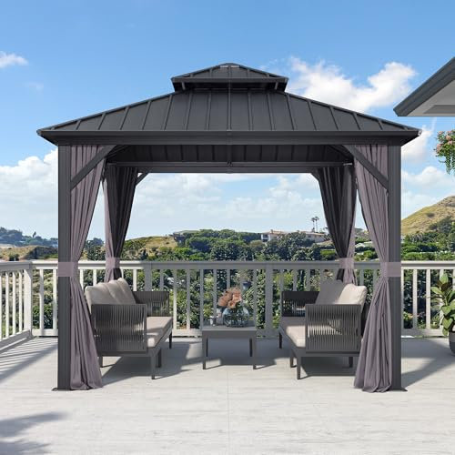PURPLE LEAF Tonnelle de Jardin Exterieur 3 x 3 m, Pergola Jardin Exterieur avec Moustiquaire et Rideaux, Pergola Aluminium à Double Toit Acier Galvanisé, Pavillon pour Terrasse, Gris