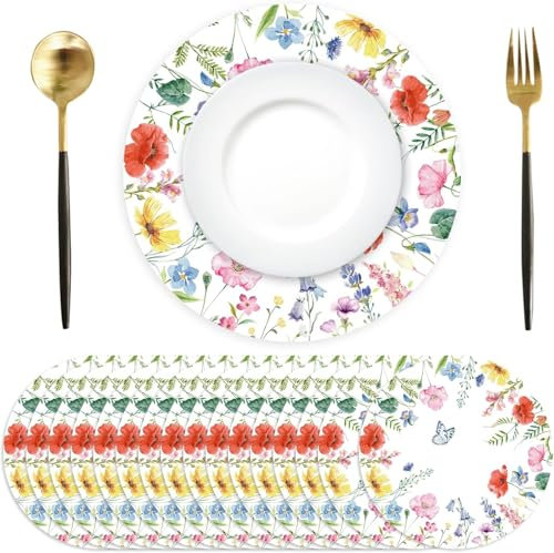 50 Stück Mohn Blumen Papier Platzsets rund Papier Tischsets Frühlings Blume Schmetterling Einweg Platzsets rund 34 cm, Saisonal Dekor für Tisch, Küche, Esstisch, Urlaub, Party