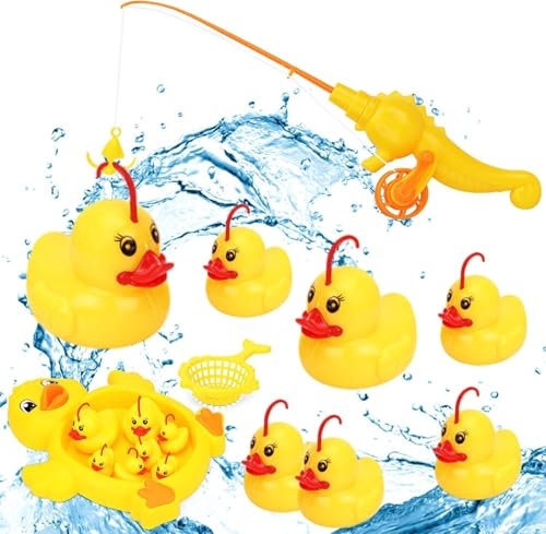 ChAusa 10 Stück Angelspiel Badewannenspielzeug,Aufziehbarem Badespielzeug Enten Angeln,Fische Angeln Spiel mit Fischernetz,Angelstäbe,Kleiner Ententeich Spielzeug ab 1 Jahr Baby Spielzeug