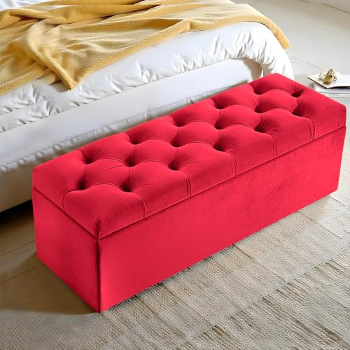 Harveys Living Chesterfield Ottoman Storage Box - Fabric Button Style Engineered Wood Luxurious Plush Velvet Ottoman Storage Bench - (Red, No Legs)