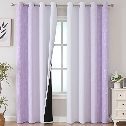 VEHEDE Ombre Blackout Curtains 90 Inch Drop for Bedroom, Gradient Thermal Insulated Home Decorative Window Drapes for Living Room, W52 x L90 Inch, Lilac and Greyish White, 2 Pieces