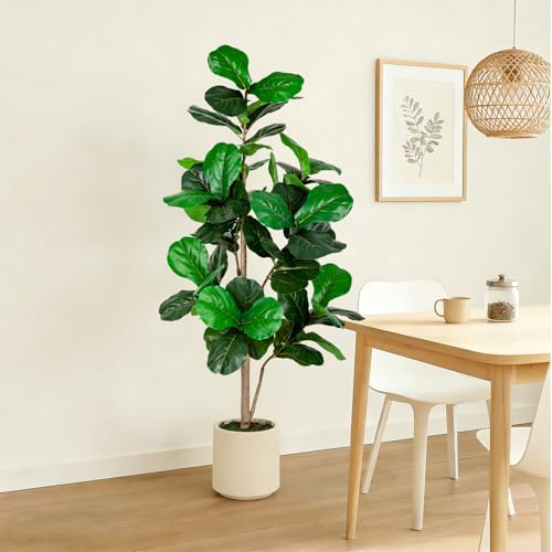 VIVATREES 5FT Fiddle Leaf Fig Artificial Tree with White Planter Pot,Faux Floor Plant, Indoor and Outdoor Fake Plants for Home Office Decor