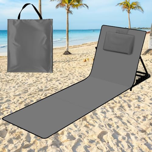 Tubiaz Tapis de plage 158 cm, chaise longue de plage pliable, dossier réglable sur 5 niveaux, avec oreiller et compartiment de rangement, portable, chaise longue pliable pour camping, gris