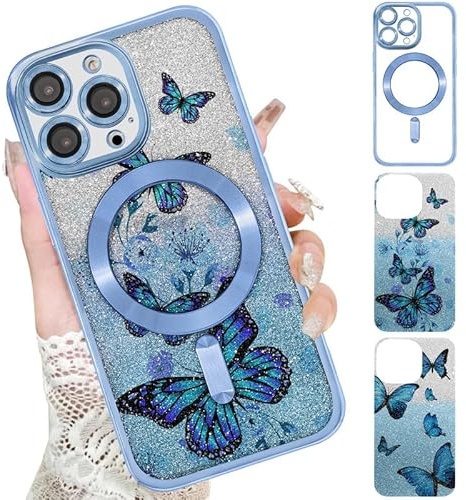 Xylota Magnetische Handyhülle für iPhone 16 Pro 6,3 Hülle mit 2 x Glitzer Karton, Aesthetic Schmetterlinge Muster Mädchen Case, Compatibel mit MagSafe, Weich Silikon TPU Stoßfeste Schutzhülle, Blau