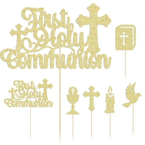 13 Pcs First Holy Communion Cupcake Toppers, Gold Glitter Bless Dove Cross Cupcake Toppers, First Communion Cake Decorations, God Christian Baptism Theme Baby Shower Birthday Party