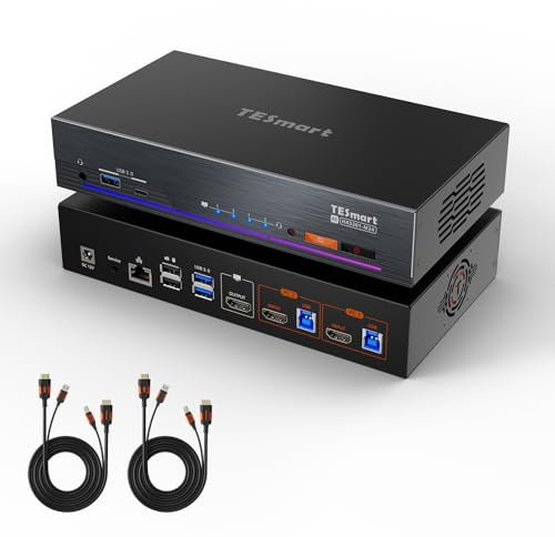 TESmart HKS201-Meister 4K@144Hz HDMI KVM Switch 2 PC 1 Monitor für Spiele, USB 3.0 HDMI 2.1 8K@60Hz KVM Umschalter, EDID, 1Gbps Ethernet, Benutzerdefinierte Hotkey-Switch, Audio Mikrofon, 2 KVM-kabel