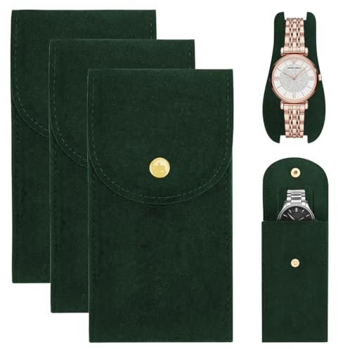 CATOR 3 Pezzi Custodia per Orologio da Viaggio,Portatile Orologio Sacchetto,Stoccaggio Orologio Borsa con Bottone A Pressione custodia, in Flanella, per viaggi all'aperto (Verde Scuro)
