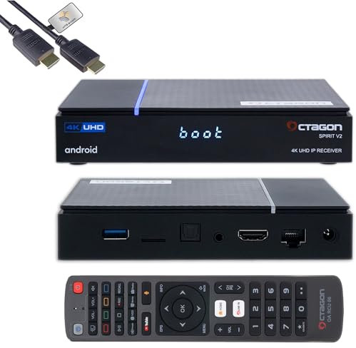 Octagon Spirit PRO 4K UHD HDR10+ Smart Android TV OTT IP Media TV Box, 5G WLAN, Bluetooth 5.1, BT Fernbedienung, Sprachsteuerung, Playstore, Widevine Level L1, MeTV Player + HTS e-com HDMI Kabel