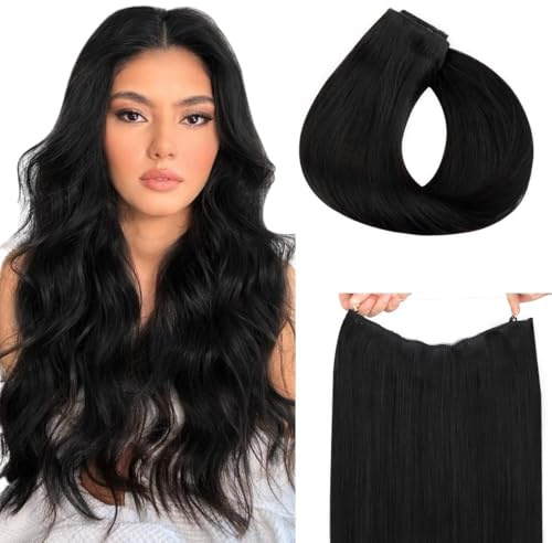 hotbanana Secret Hair Extensions Echthaar 40cm 95g | Tiefschwarz Remy Haarverlängerung mit Invisible Draht Secret Draht Haarverlängerungen, Leicht zu Tragen,