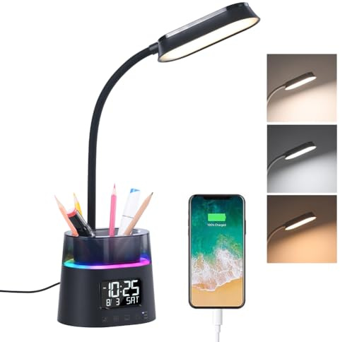 SMARTERIOR LED Desk Lamp for Home Office, Reading Lamp Study Lamp for Kids Room with Pen Holder & Clock, USB Charging Port, RGB Night Light, College Dorm Room Essentials for Teens - Black