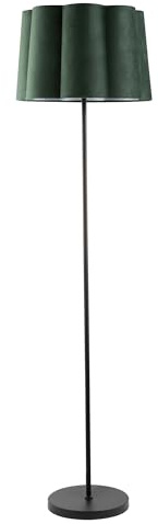 Happy Homewares Modern Matte Black Floor Lamp with Forest Green Velvet Fabric Scallop Shade | Inline Foot Switch Button | 147cm x 40cm | 1 x 11w E27