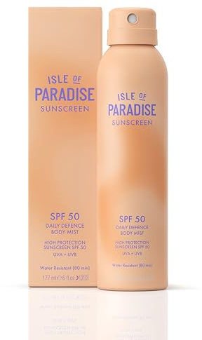 Isle of Paradise Daily Defense SPF 50 Body Mist 177ml – Weightless, 360° Spray Sunscreen with Niacinamide, Cica & Biome Complex – Fast-Drying, Water-Resistant, Radiant Finish