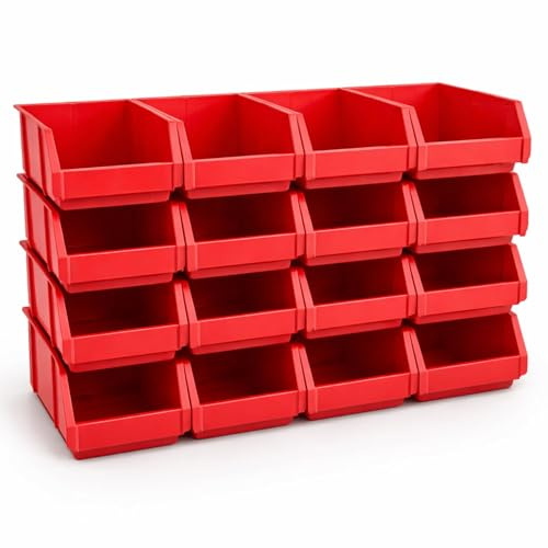 Rodopi 16er Set Stapelboxen, Größe L | Sichtlagerkästen 335x209x152mm | Robuste Lagerboxen für Werkstatt, Garage, Keller | Sortierkästen für Werkzeug & Baumaterialien Rot