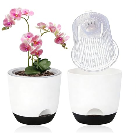 eupdd Juego de 2 Maceta autorriego de 14,5 cm: Macetas Blancas, Maceta Orquidea, Maceteros de Interior de Doble Capa con Agujeros para Orquídeas