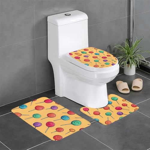 3-teiliges Badezimmer-Matten-Set, rutschfest, 61 x 40,6 cm, WHJSSF buntes Lutscher-Muster, rechteckig, U-förmige und O-förmige Teppiche für WC, Waschtisch und Bad