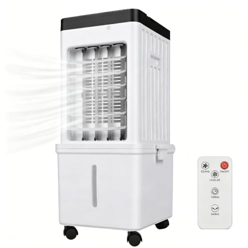Ventilateur rafraîchisseur d'air par évaporation 65 W,Climatiseur évaporatif,Oscillation à 120,3 Modes et 3 Vitesses,minuterie 7,5 h,pour Chambre, IntéRieur, ExtéRieur, Bureau, Etc