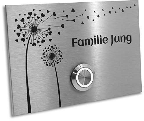 Jung-Edelstahl-Design Türklingel | Klingelschild Motiv Pusteblume. Klingelplatte 12x8 cm.| Haustürklingel V2A Edelstahl LED Taster (weiß)
