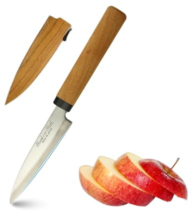 Japanese Paring Knife 4-Inch, High Carbon Stainless Steel Fruit Knife with Wooden Handle and Sheath, Small Utility Kitchen Knife for Peeling, Coring, Mincing, Made in Japan