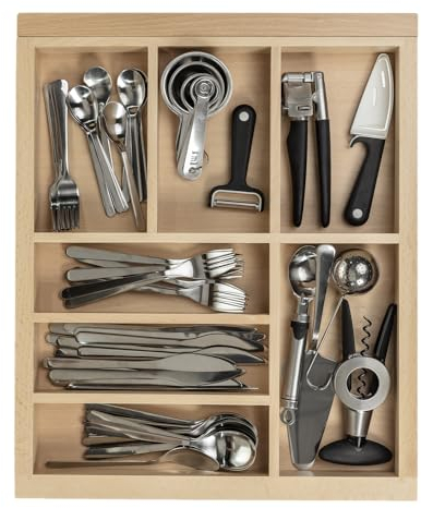 GTV Extendable Cutlery Tray Insert Beech Wood Adjustable Kitchen Drawer Organiser Width 512-950 mm/Depth 424 mm