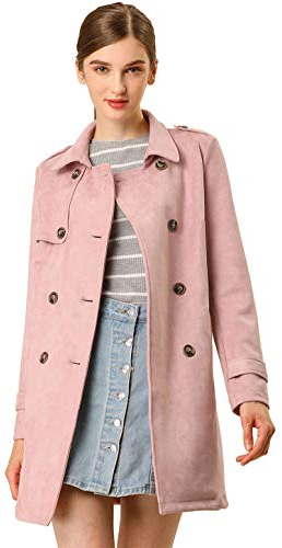 Allegra K, Trench da donna a doppiopetto, in ecopelle scamosciata, con risvolto dentellato e cintura, rosa, 12