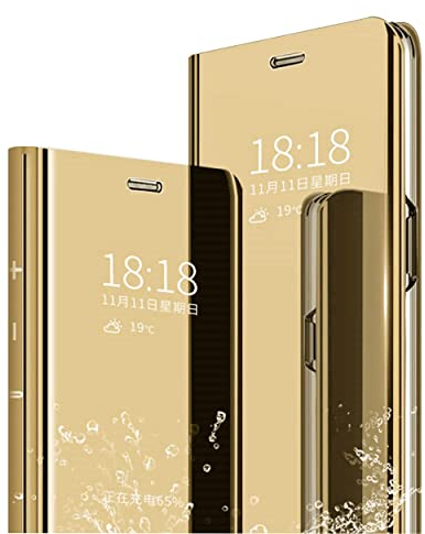 MLOTECH Schutzhülle für Samsung A71, Schutzhülle + Hartglas, Displayschutzfolie, Flip Clear View transparent, Spiegel, Standing 360 °, stoßfest, Smart Cover, Bumper Gold