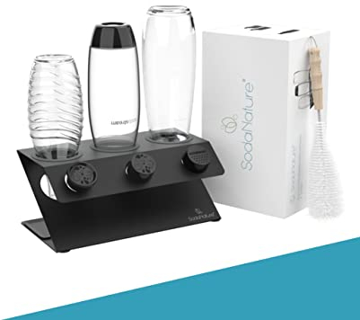 SodaNature® Premium 3er Edelstahl Flaschenhalter für sodastream Flaschen (Duo & Crystal) | Set Z-Shape in Anthrazit | inkl. Abtropfschale, Flaschenbürste, Silkonringe & -füße, Geschenkverpackung