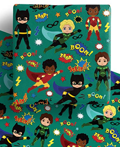 4 x Superhero Multicultural Boys Wrapping Paper- Recyclable Gift Wrap Sheets Perfect for Father's Day, Birthday & More -70x50cm per sheet