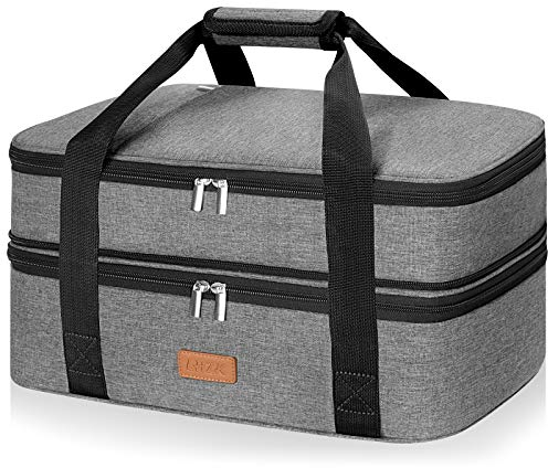 LHZK Insulated Casserole Carrier - Expandable Holder Tote for Hot or Cold Food, Fits 11 x 15 or 9 x 13 Baking Dishes - for Potlucks, Picnics, Beach (Grey)