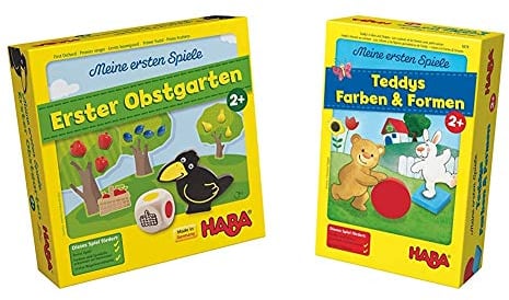 Haba 4655 - Meine ersten Spiele Erster Obstgarten, unterhaltsames Brettspiel rund um Farben und Formen ab 2 Jahren & Meine ersten Spiele Teddys Farben und Formen, Legespielsammlung für 1-4 Kinder