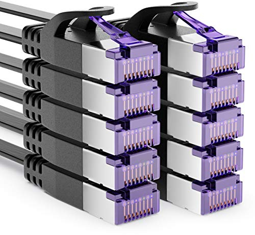 deleyCON 10x 0,25m Flaches CAT7 Netzwerkkabel (CAT 7 mit 10 Gbit/s) Gigabit LAN - RJ45 Ethernet Kurzes Patchkabel Flach - für Internet Switch Router Modem Patchpanel - Schwarz