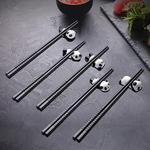 5 Pares de Palillos de Aleación China + 5 Soportes de Cerámica de Panda - Antideslizantes, Fibra de Vidrio, para Restaurante y Cocina