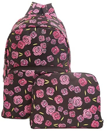 ECO CHIC Lightweight Foldable Water Resistant Backpack Rucksack Folds into Pouch for Storage (Mackintosh Rose Black)