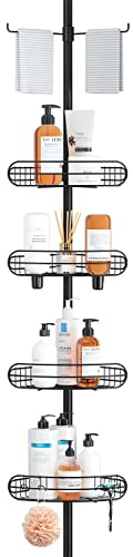 ALLZONE Eck-Dusch-Caddy mit Spannstange, 4-stöckig, verstellbare Regale, rostfrei, Badezimmer-Dusch-Organizer, Ecke für Innendusche, gespannt, 142 bis 290 cm Höhe, Schwarz