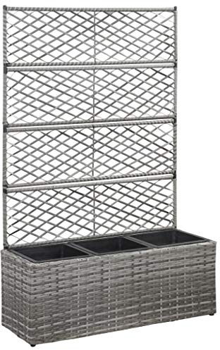 Leepesx Enrejado y Arriate 3 Macetas, Jardinera Exterior con Celosía, Jardinera Vertical, Ratán Sintético Gris 83x30x130 cm