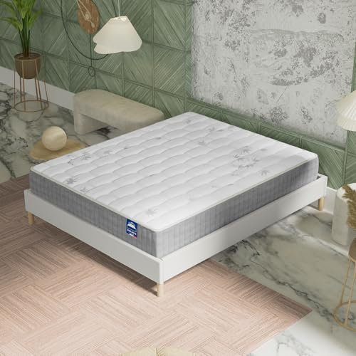 NOVEMBER - Ensemble Matelas + sommier (120 x 190cm)- Matelas Galice Ressorts ensachés & mémoire de Forme d’épaisseur 25cm + Sommier Bois Stable & Robuste revêtement Tissu Blanc