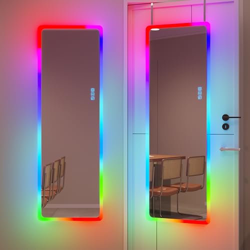 Vlsrka Wandspiegel Ganzkörperspiegel mit Beleuchtung, 120x40cm Türspiegel zum Einhängen, Hängespiegel mit Licht, Wandspiegel Groß mit 7 Lichtmodi, Höhenverstellbarer, Spiegel Schlafzimmer Wohnzimmer