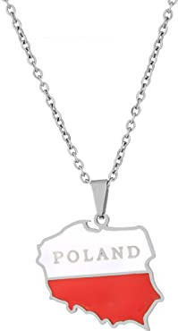 Polen Karte Anhänger Halsketten – ethnisches Muster Flagge Region Polen Karten Schlüsselbeinkette Halsketten Charme Hip Hop Patriotismus Schmuck für Damen Herren Pullover Kette,Silber,50 cm