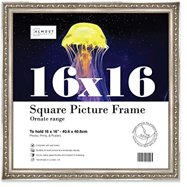 Almost Frameless 16x16 Silver Ornate Picture Frame 16x16(40.6x40.6cm) Poster, Photo, Artwork, or Print. Elegant Style Portrait and Landscape Display with Wall Hooks