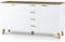 Konsimo Kommode Frisk 150x81x46 cm - Modern Kommode mit Türen und Schubladen - Kommodenschrank mit Griffe und Beine aus Holz - Wohnzimmerschrank für Schlafzimmer Esszimmer - Weiß