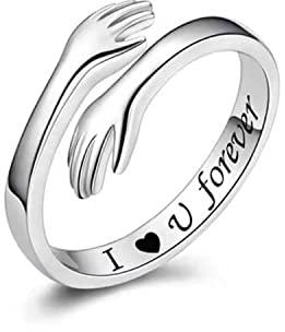 Gilieyer Umarmung Ringe, Verstellbare Ringe für Frauen Umarmung Hände Paare Finger Ringe Umarmungen Silber Offener Ring Schmuck für Frauen Männer (I love you forever)