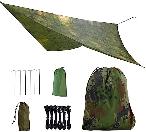 Lona para Tienda de Campaña 3x3M, Toldo de Refugio Impermeable, Hamaca Lona de Lluvia Camping Protección UV, Rain Tarp Toldo Anti-Viento con Piquetas e Cuerdas, para Playa Picnic Senderismo (Camou)