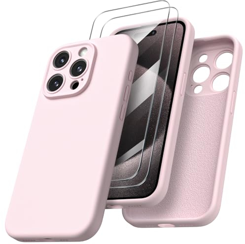 ORNARTO für iPhone 15 Pro Hülle mit Kameraschutz und 2 Schutzfolien, flüssigem Silikon Handyhülle iPhone 15 Pro 6.1 Zoll, stoßfeste iPhone 15 Pro Schutzhülle mit Mikrofaser - Rosenpulver